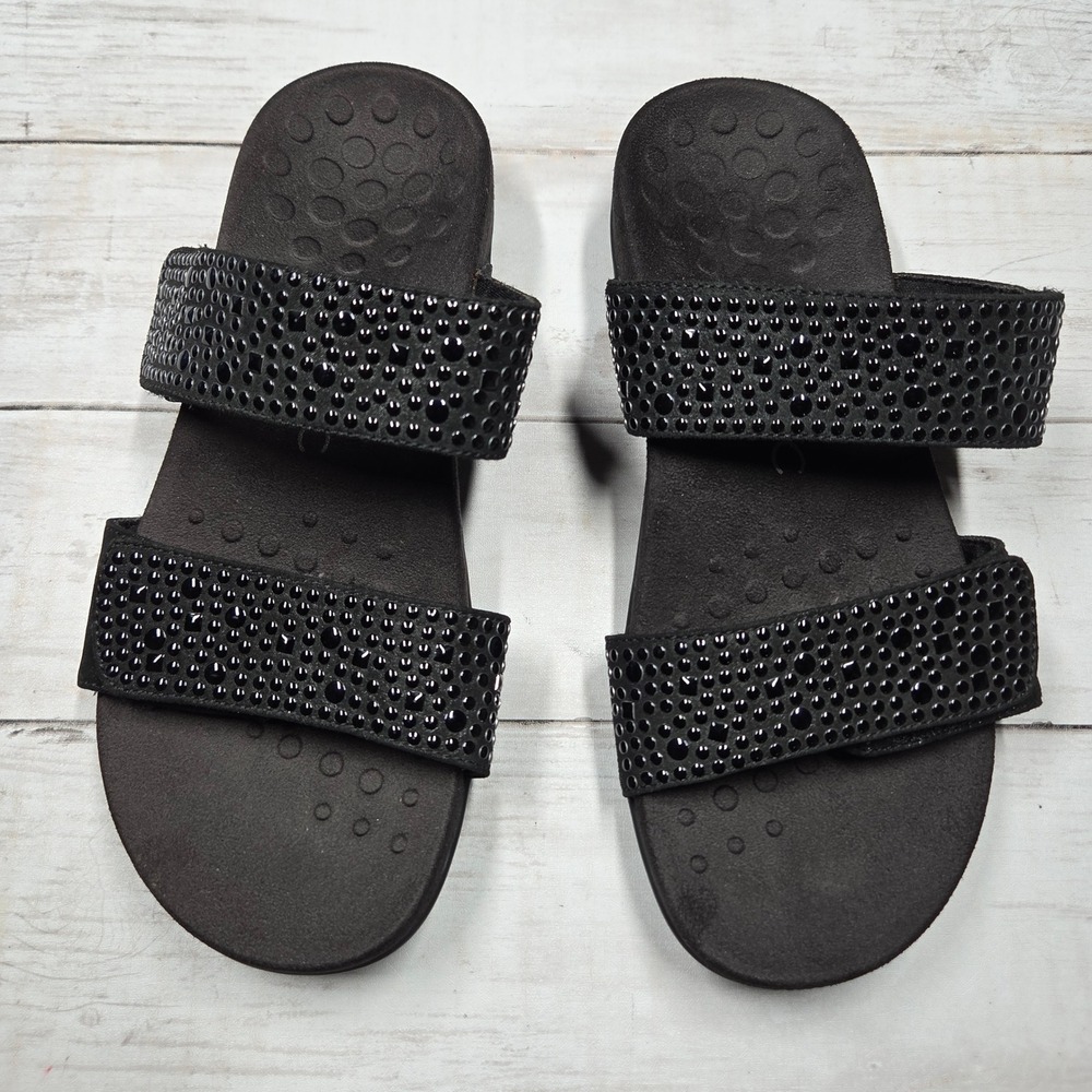 Vionic Samoa Slide Sandals Studded‎ Orthotic Womens 5 Black Crystal Straps